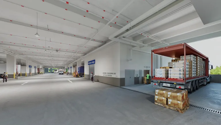 Artist's impression of a 40-footer container truck at a production unit loading bay at Gourmet Xchange