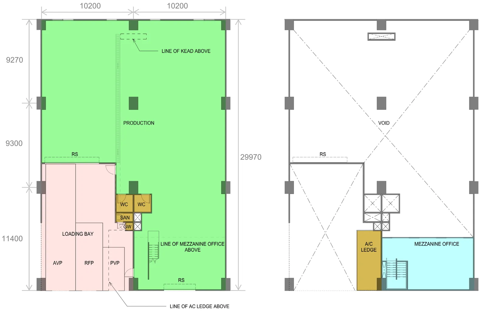 Gourmet Xchange typical B2 (Food) Deluxe unit layout, lower floor and mezzanine office