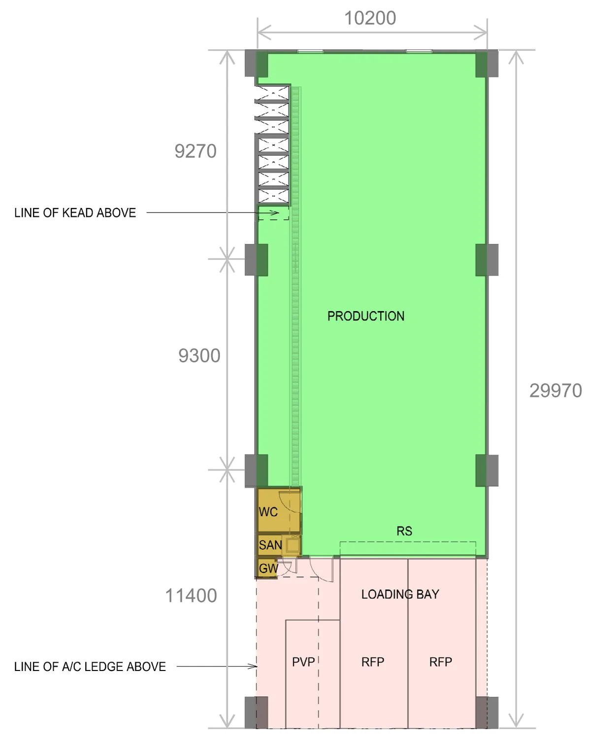 Gourmet Xchange typical B2 (Food) Standard unit layout with production area, loading bay and washroom