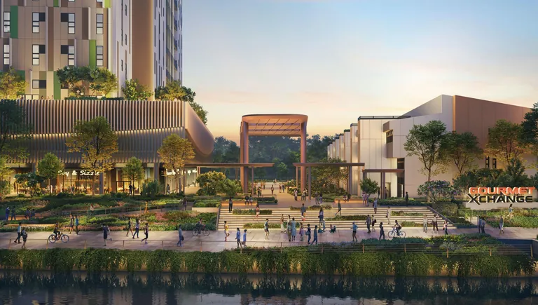 Artist's impression of the Central Plaza and River Promenade at Gourmet Xchange at dusk