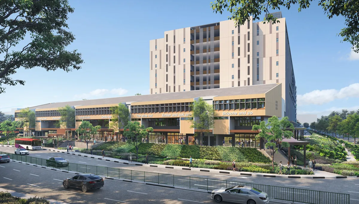 Artist's impression of Gourmet Xchange from Aljunied Road, with the Heritage Terrace in front of The Xchange