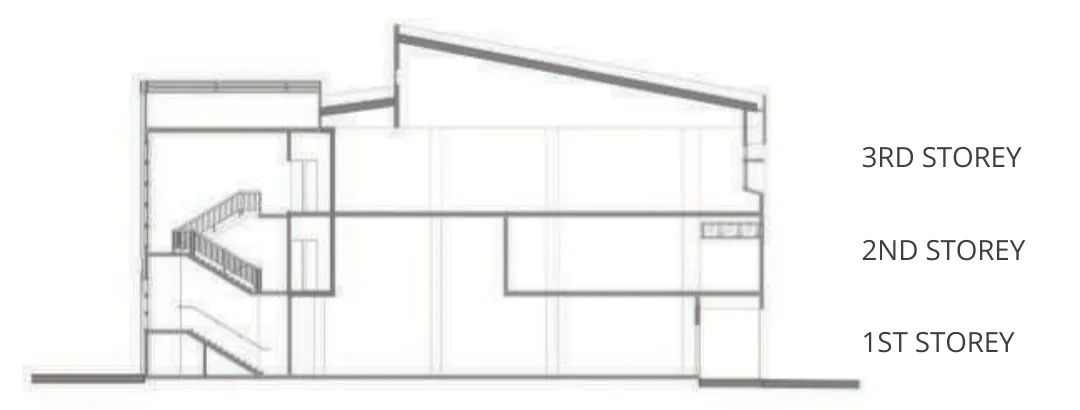 Gourmet Xchange Heritage Terrace section sketch showing the 1st, 2nd and 3rd storeys