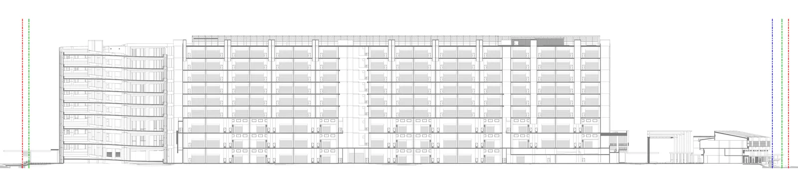 Gourmet Xchange building section showing the vehicular ramp, The Xchange production block and the Heritage Terrace