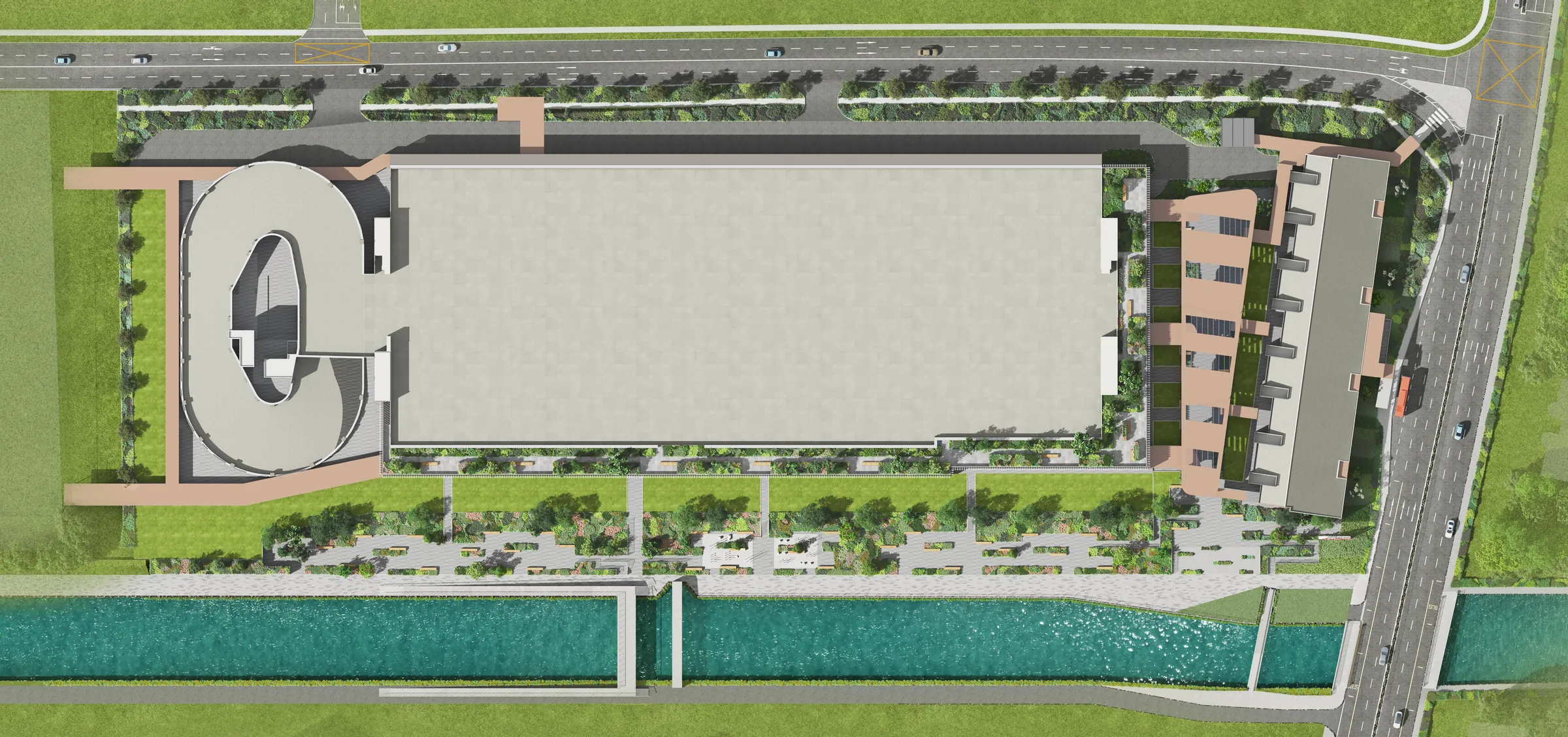Gourmet Xchange key plan aerial view showing The Xchange with the vehicular ramp, Central Plaza and Heritage Terrace beside the Pelton Canal