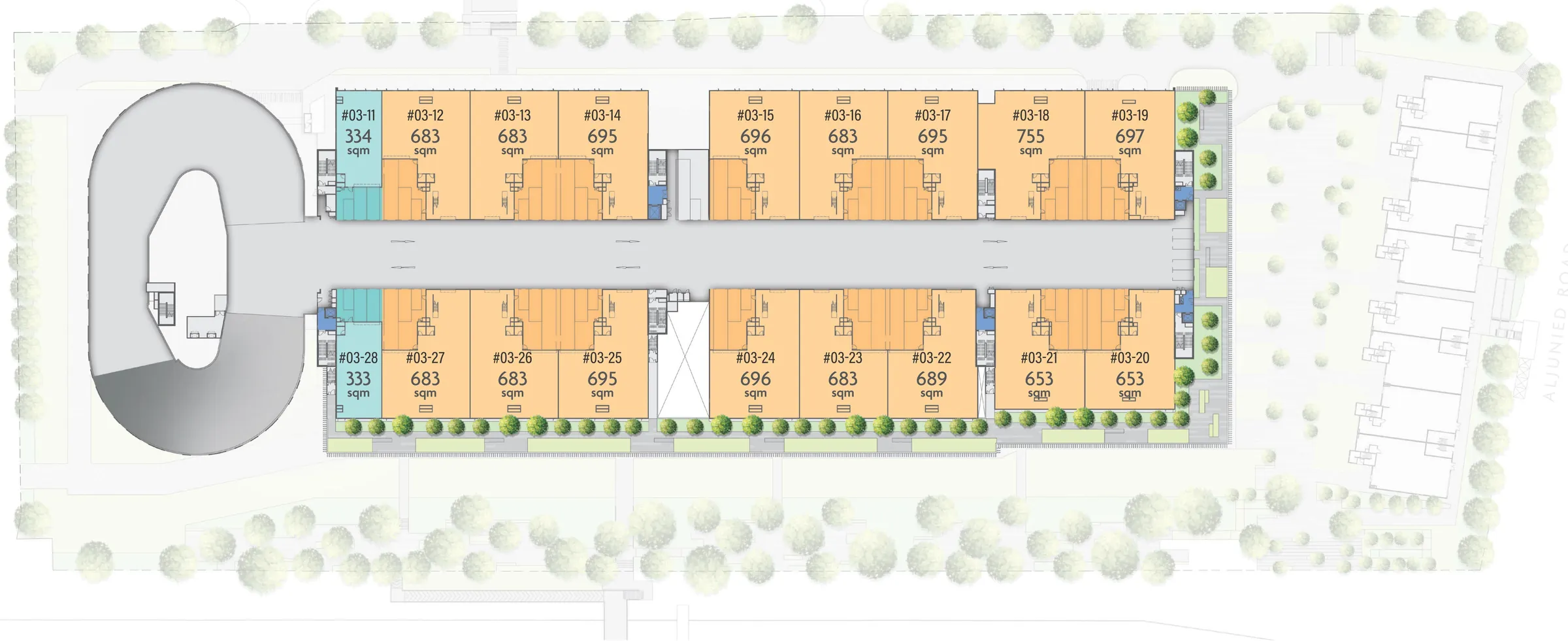 Gourmet Xchange The Xchange unit key plan, 3rd storey, with unit numbers and areas in sqm