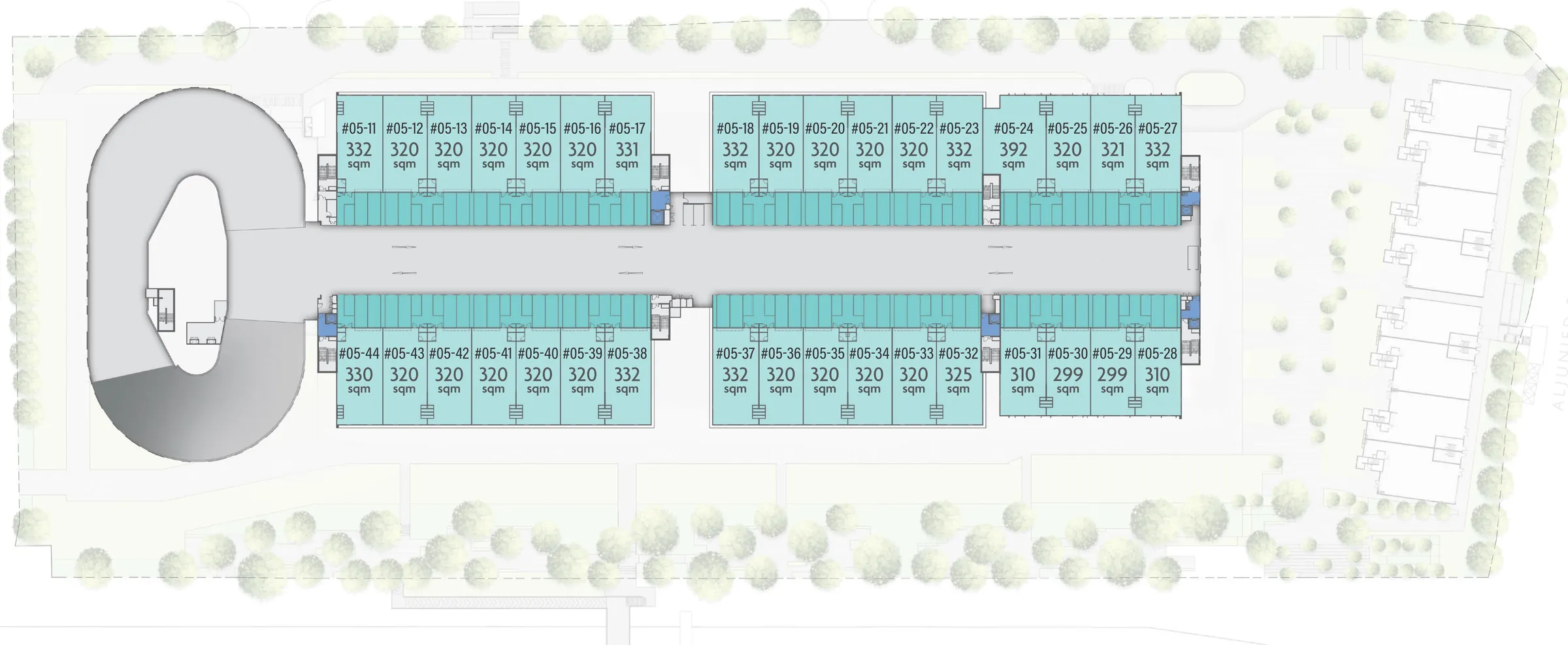 Gourmet Xchange The Xchange unit key plan, 5th storey, with unit numbers and areas in sqm